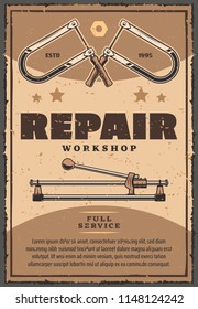 Repair workshop vintage poster of work tools fretsaw or vise and bolt instruments. Vector retro design with stars for car garage or mechanic service and home repair or construction