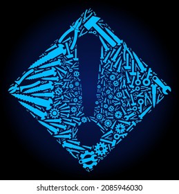 Reparatur Werkstattwarnzusammensetzung von Service-Tools auf dunkelblauem Farbverlauf-Hintergrund. Die Vektorwarnung wird aus blauen Cogs, Spannern und anderen Werkzeugen erstellt und basiert auf einem Warnsymbol.