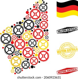 Repair workshop Western Australia map collage and seals. Vector collage is composed from repair service elements in different sizes, and German flag official colors - red, yellow, black.