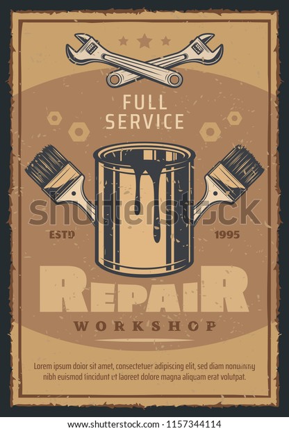 Repair workshop with work tool retro poster for\
car service and mechanic garage design. Wrench, paint and brush,\
adorned by spanner and screw for vintage advertising banner of\
motor vehicle service