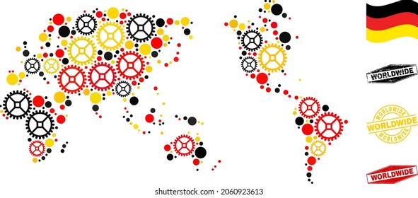 Repair workshop worldwide map composition and stamps. Vector collage is composed of repair workshop items in different sizes, and German flag official colors - red, yellow, black.