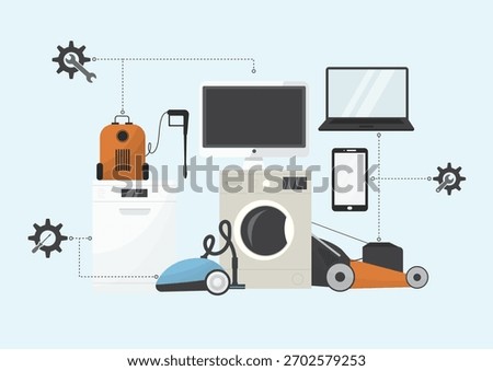 Repairability Index Concept for Home Electronics. Household appliances and digital devices, highlighting durability, maintenance, and eco-friendly product design. Flat design. Vector illustration