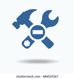 Repaire failed icon, hammer and wrench. Repair is block. Minus sign. Rounded angles.