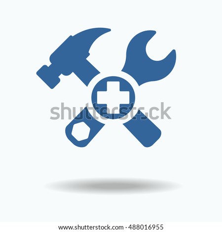 Repaire icon, hammer and wrench. Plus sign. Repair successful. Repair is done. Rounded angles.