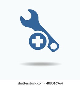 Repaire icon, wrench. Plus sign. Repair successful. Repair is done.