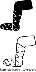 repaired bandaged leg icon on white background. broken leg sign.  injured foot in a cast bandage symbol. flat style.