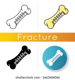 Repaired bone icon. Internal fixation. Surgery. Surgical procedure. Orthopedic operation. Medical interference. Trauma treatment. Linear black and RGB color styles. Isolated vector illustrations