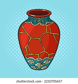 Repaired Japan vase kintsugi art color pinup pop art retro vector illustration. Comic book style imitation.
