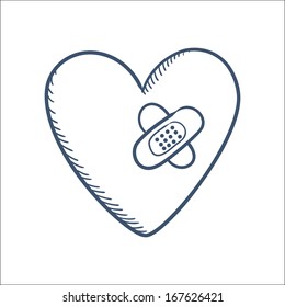 Repaired with patches heart isolated on white. Sketch vector element for medical or health care design