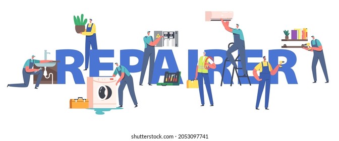 Repairer Concept. Repair Service, Electrician, Plumber Call Master Work. Handyman Master Male Characters in Uniform Working with Instruments Poster, Banner or Flyer. Cartoon People Vector Illustration