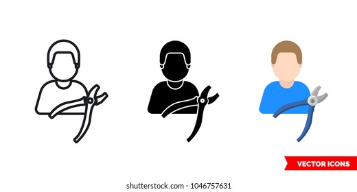 Repairer repairman icon of 3 types: color, black and white, outline. Isolated vector sign symbol.