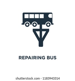 Repairing Bus icon. Black filled vector illustration. Repairing Bus symbol on white background. Can be used in web and mobile.