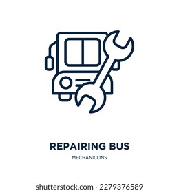repairing bus icon from mechanicons collection. Thin linear repairing bus, bus, repair outline icon isolated on white background. Line vector repairing bus sign, symbol for web and mobile
