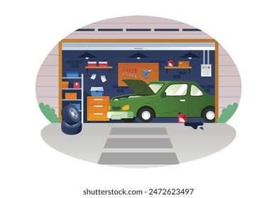 Repairing car in the garage vector illustration.