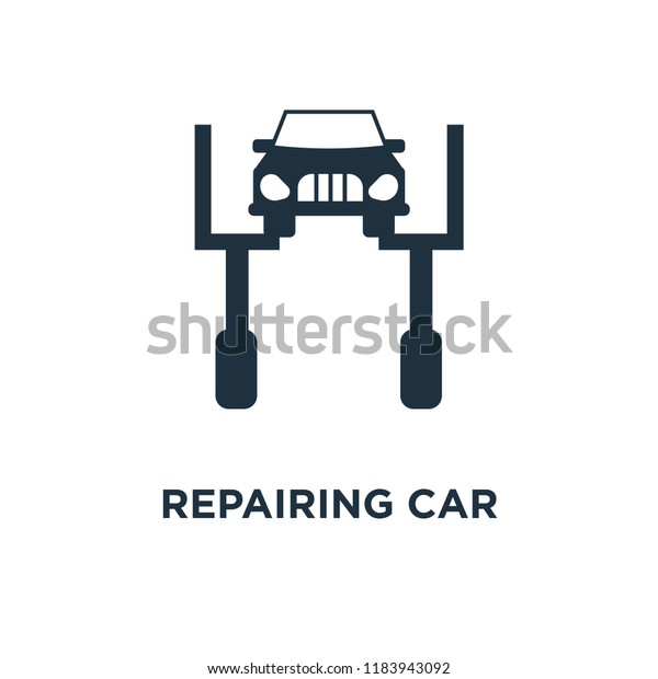 Repairing Car icon. Black filled vector\
illustration. Repairing Car symbol on white background. Can be used\
in web and mobile.