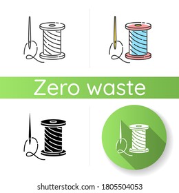 Repairing clothing icon. Linear black and RGB color styles. Sewing studio, professional needlework, atelier. Zero waste lifestyle advice. Needle and thread Isolated vector illustrations