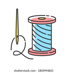 Repairing clothing RGB color icon. Sewing studio, professional needlework, atelier. Zero waste lifestyle advice. Needle and thread isolated vector illustration