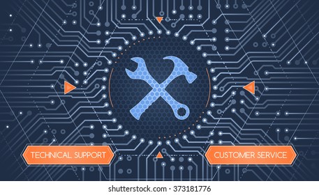 Repairing Computer Crash. Pictogram of crossed tools in center of an electronic circuit board. Vector illustration on the subject of 'Computer Technical Service'.