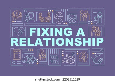 Repairing damaged relationship word concepts dark purple banner. Infographics with editable icons on color background. Isolated typography. Vector illustration with text. Arial-Black font used