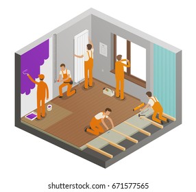 Repairing flat concept. Construction work, building, repair, interior, overhaul icon or symbol. Cartoon vector illustration