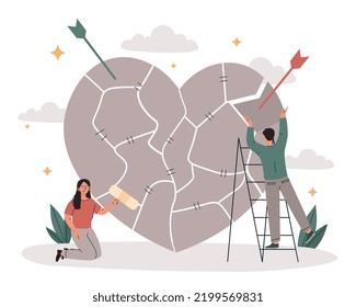 Repairing heart concept. Man and woman collect large heart from fragments. Metaphor for love, care and support. Mental health and psychology. Positivity and optimism. Cartoon flat vector illustration