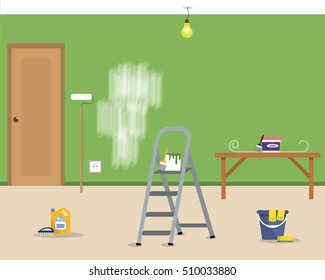 Repairing at home. There is objects for repair in green room in the picture. Vector illustration