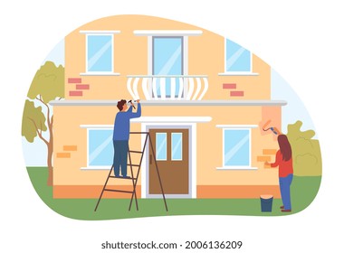 Repairing house concept. Man with a hammer fixes the fence of the balcony. Woman paints the facade of a house in pink. Exterior of the building. Cartoon flat vector illustration on a white background