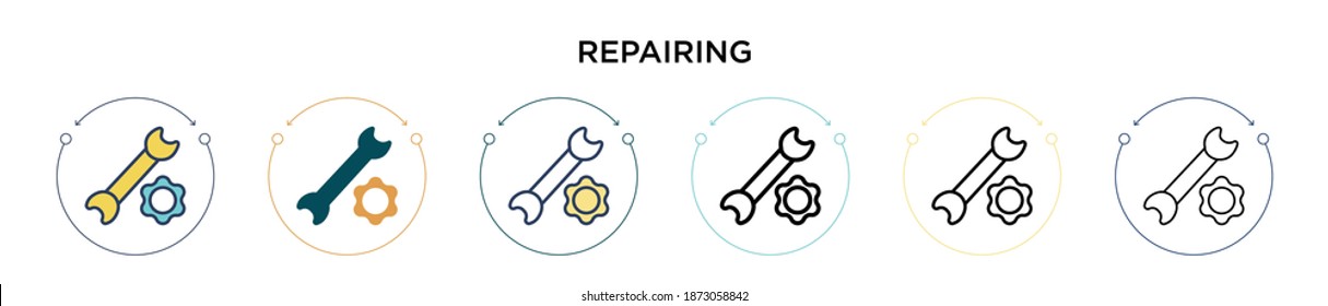 Repairing icon in filled, thin line, outline and stroke style. Vector illustration of two colored and black repairing vector icons designs can be used for mobile, ui, web