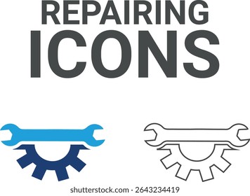 Repairing icons, Line art icons containing fix, home, car repair, maintenance, toolbox, and repairman service icons. Solid icon collection. Vector illustration.