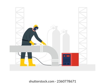 Repairing large pipes, workers use complete equipment to maintain safe work, vector illustration.