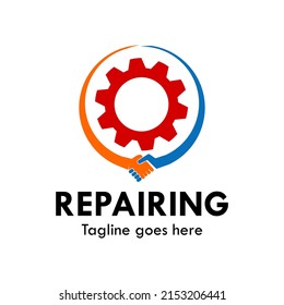Repairing logo template illustration. there are gear with handshak