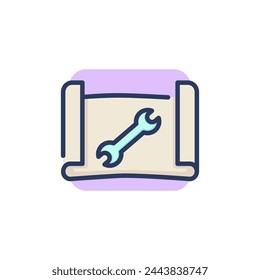 Reparación de plano de papel icono de línea delgada. Llave inglesa, documento, señal de esquema de servicio. Concepto de reparación y mantenimiento. Elemento de símbolo de ilustración vectorial para diseño web y aplicaciones