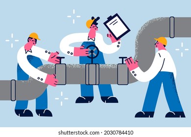 Repairing pipeline and construction concept. Group of workers in helmets and uniforms standing and repairing water or gas pipeline together vector illustration 