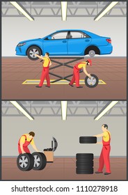 Repairing process collection, construction to rise car and workers changing tires of automobile, people wearing special costumes vector illustration