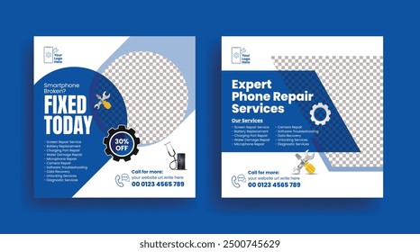 Repairing service workshop square flyer or poster, banner, promotional Phone repair shop marketing social media posts ads and web banner template design