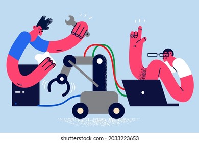 Repairing System Unit Manual Concept. Two Young Workers Sitting Repairing Computer System Unit For Laptop Correct Working Vector Illustration 