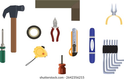 Repairing tool set, Various working Tools, tools isolated-screwdriver, hammer, electrical tape, tape rule, pliers, cutter, square, permanent pen, hexagon key wrench
