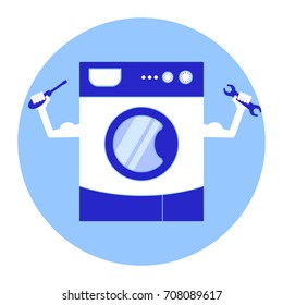 Repairing washing machine services. Stylized washing machine with arms and tools for repair in hands. Stock vector. Flat design.