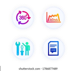 Repairman, 360 degree and Trade chart icons simple set. Button with halftone dots. Comments sign. Repair screwdriver, Virtual reality, Market data. Document with speech bubble. Business set. Vector