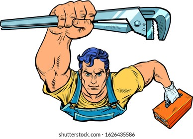 A repairman with an adjustable wrench rushes to the rescue. Pop art retro vector illustration 50s 60s style