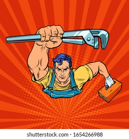 A repairman with an adjustable wrench rushes to the rescue. Pop art retro vector illustration 50s 60s style