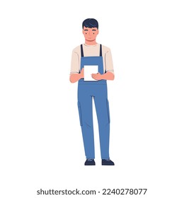 Repairman in Blue Overalls Standing and Writing Something Vector Illustration