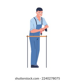 Repairman in Blue Uniform with Drill Tool Working and Fixing Something Vector Illustration