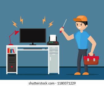 Repairman and a broken computer. Cartoon serviceman. Flat style vector illustration.
