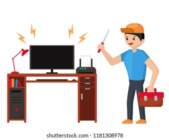 Repairman and a broken computer. Customer Service. Repairs under warranty. Flat vector illustration.