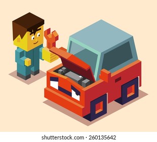 Repairman And Broken Down Car. Vector Illustration