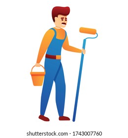 Repairman with bucket paint roller icon. Cartoon of repairman with bucket paint roller vector icon for web design isolated on white background