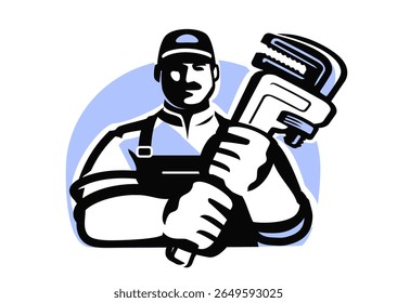 Reparador em tampa e macacão segurando chave ajustável. Emblema de serviços de encanamento. Engenheiro mecânico, técnico