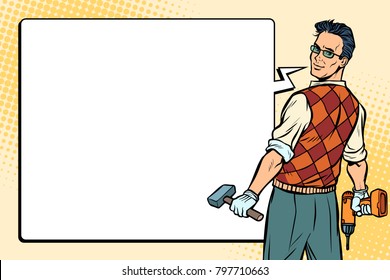 reparador, carpintero y burbuja cómica. Dibujo vector retro de arte pop.