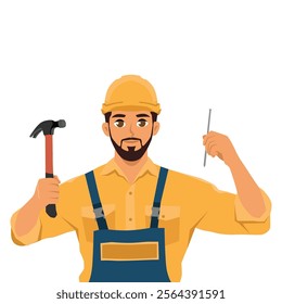Repairman carpenter hammering a nail. Handyman with hammer and nail. Flat Vector character illustration